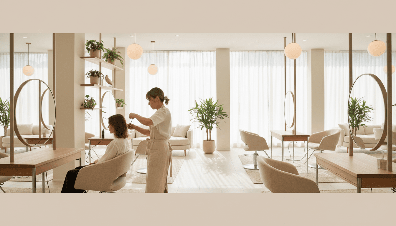 Modern salon interior with stylists working at sleek stations in naturally lit, minimalist space emphasizing calm and professionalism